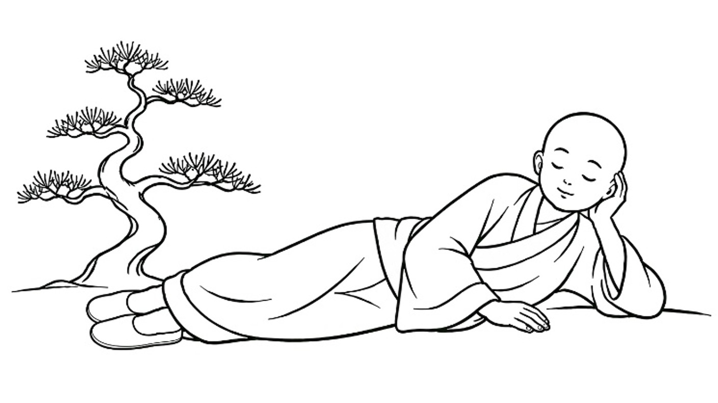 ai lineart, een monnik poseert als de reclining buddha